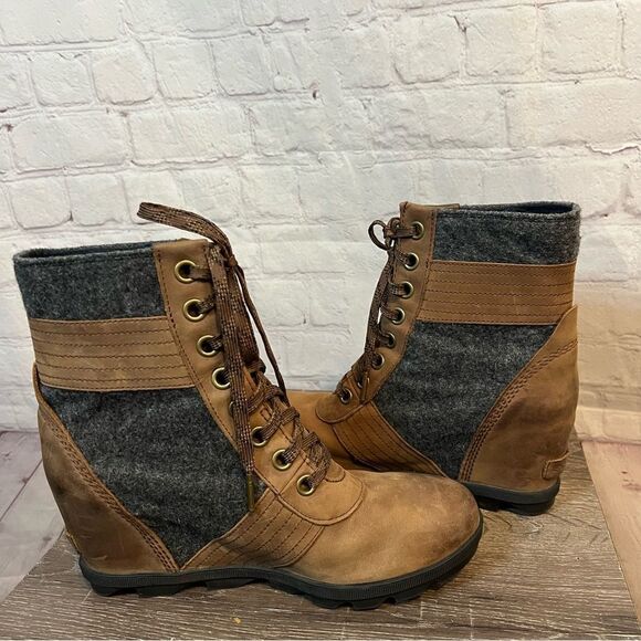 sorel lexie wedge tobacco Felt Pieced Ankle Boots Womens Size 6.5 Brown Leather Waterproof suede uppers Sorel Women's Lexie Wedge Boot,